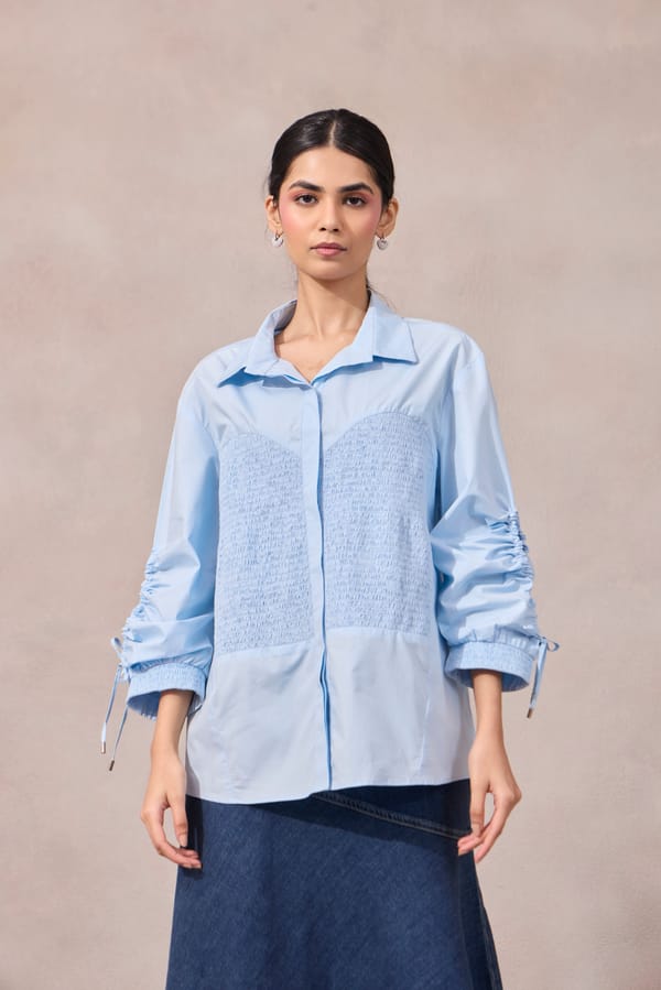 Frost Blue Smocked Detail Cotton Poplin Shirt — 63East