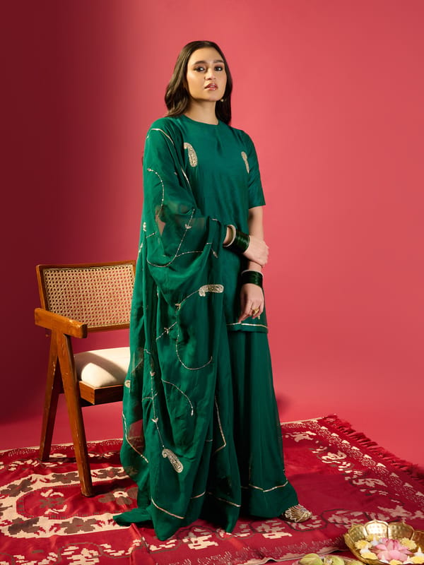 Green Keri Butta Kurta Palazzo With Jaal Dupatta — KOMAL SHAH