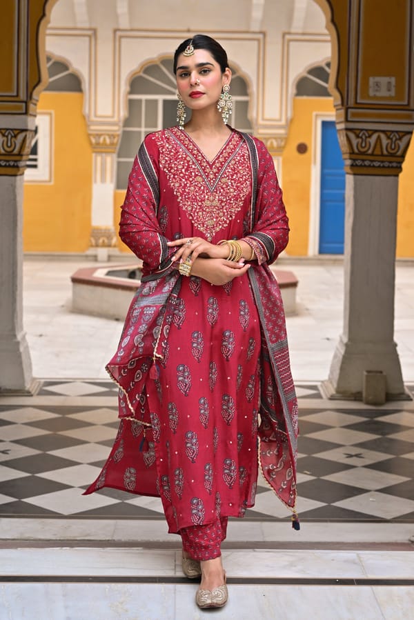 Red Block Print Gota and Sequence Muslin A line Suit-SET OF-3 — MAHEE JAIPUR