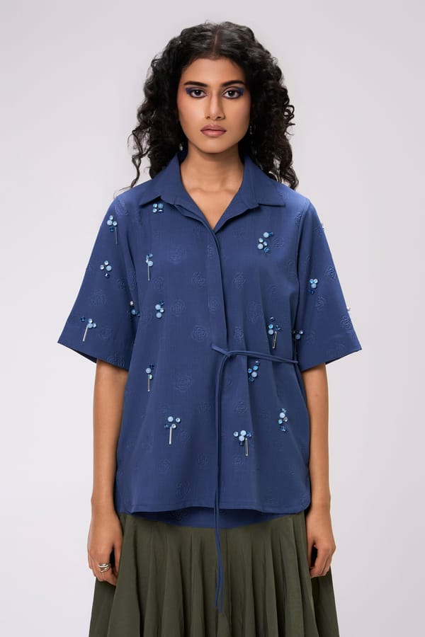 Blue Textured Embellished Shirt-Style Top with Waist Tie — KOR