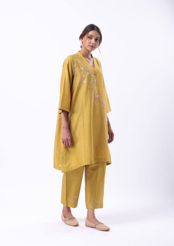 Ochre Straight-Leg Trousers with Embroidered Hem — Subtle Shuttle Studio