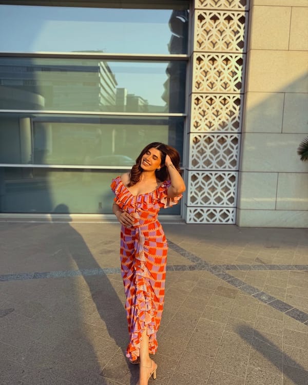 Multicolour Off-Shoulder Ruffled Maxi Dress with Slit — Zip by Payal Zinal