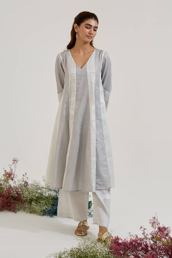 Silver Panelled Anarkali Kurta Set with Wide-Leg Pants — Nero India