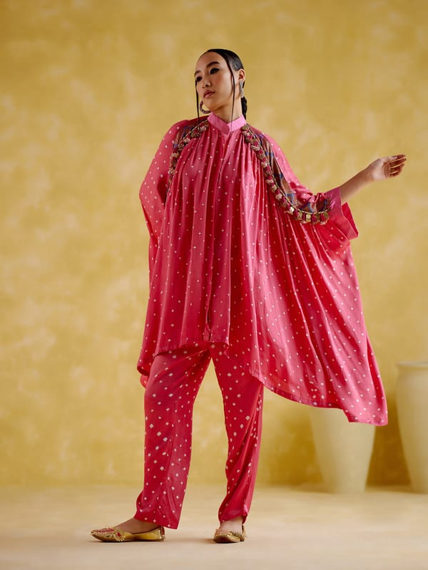 Pink Bandhani Kaftan Top and Pant Co-ord Set — 5 Elements
