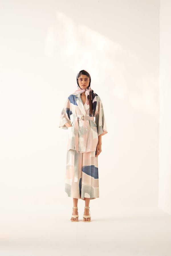 Pastel Abstract Double-Breasted Belted Jacket — Ofrida