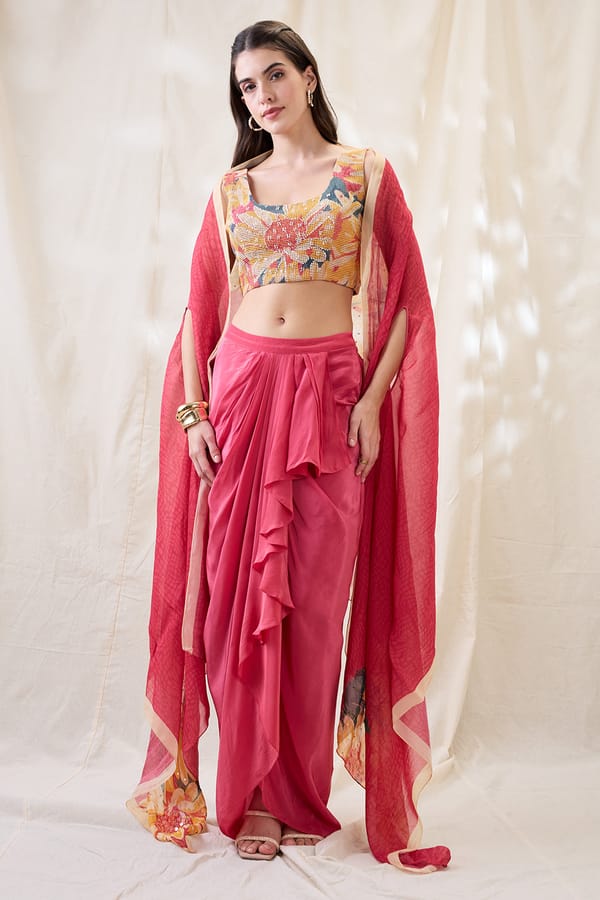 Ravya Drape Skirt Set With Embellished Cape — SOUP by Sougat Paul
