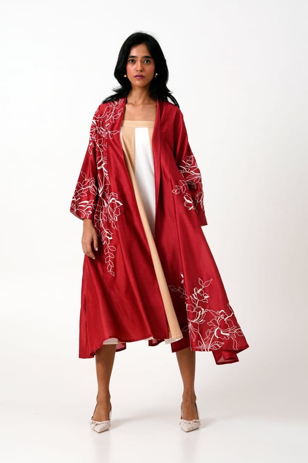 Madder Red Longline Embroidered Overlay Jacket — Madder Much
