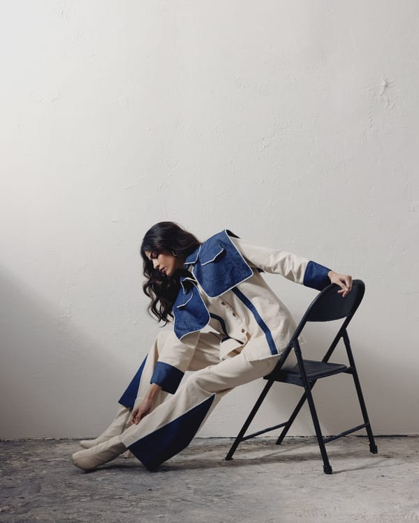 White/Blue Colorblock Flared Denim Trousers with Slit Hem — Veera Wear