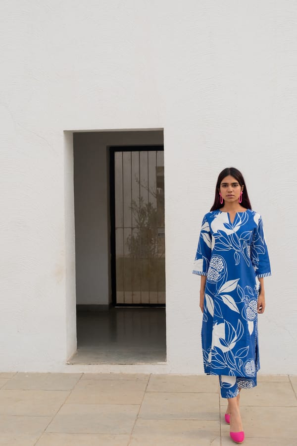 Blue Printed Kurta and Pants Co-ord Set — Silai studio