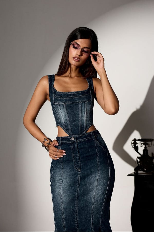Blue Denim Square Neck Lace-Up Corset Top — Lea Clothing