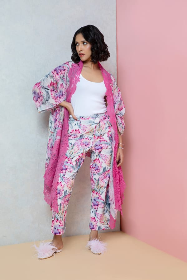 Pastel Pink Floral Cape and Straight Pants Co-ord Set — Rhe-Ana