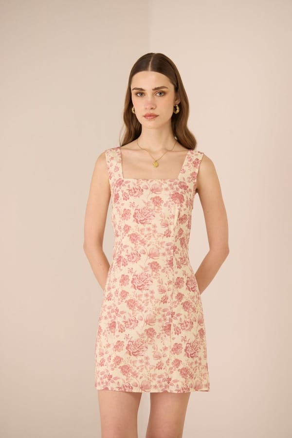 Wildflower Rose Floral Cotton Linen Slim-Fit Mini Dress — Calling June