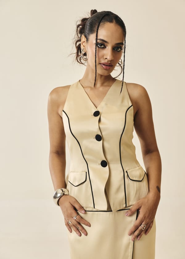 Genevieve Tan Contrast Piping Vest Top — Lea Clothing