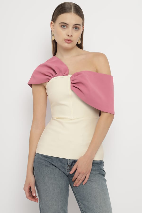 Cream One-Shoulder Colorblock Bandage Knit Top — KAREN MILLEN