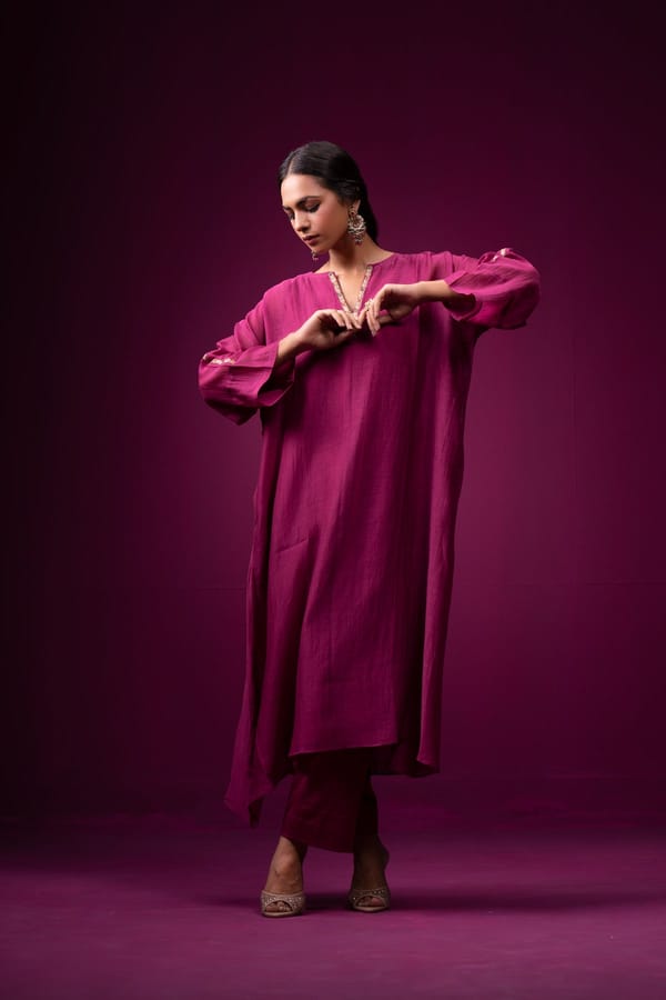 Wine Silk Chanderi Kaftan-Style Kurta Set (Set of 3) — Trendy Tokari
