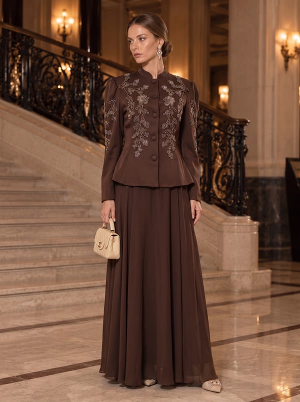 Brown Floral Embellished Peplum Blazer And Skirt Set — Miss Gloria