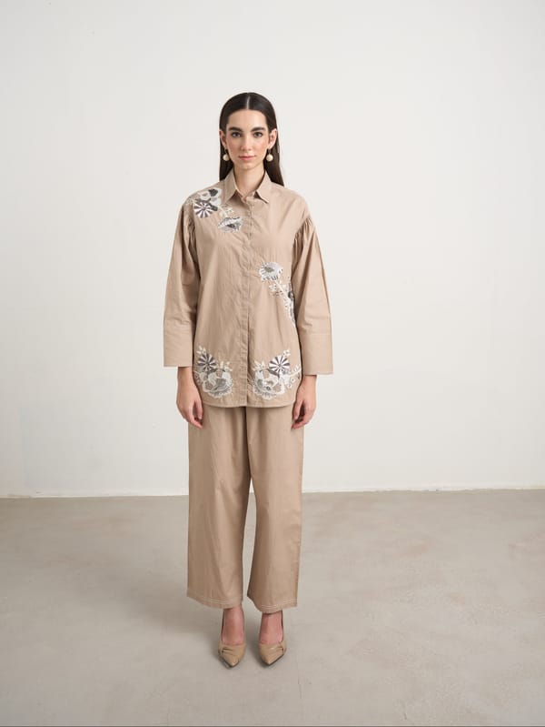 Beige Embroidered Cotton Shirt and Pants Co-ord Set — Naka Teki