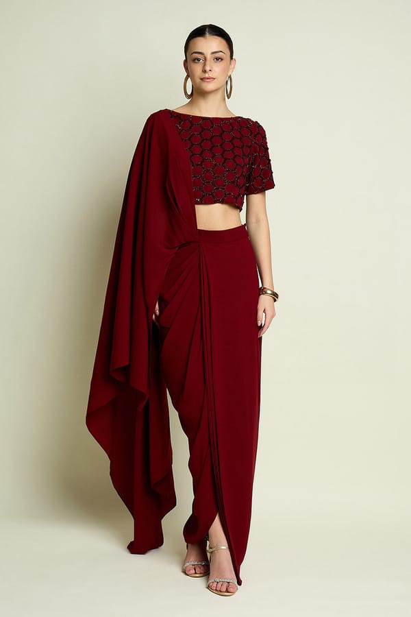 Wine Pre-Draped Saree - Blouse — Aakaar