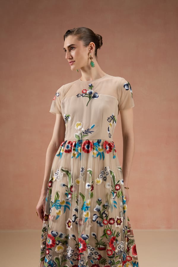 Cream Floral Gathered Midi — Label IRIS