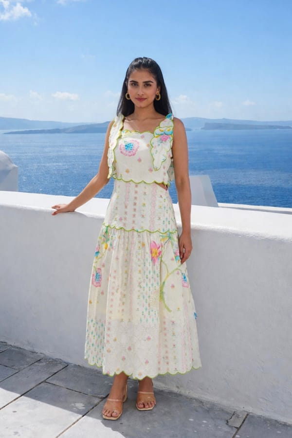 Ivory/Green Cotton Hakoba Scalloped Midi Sundress — 9899