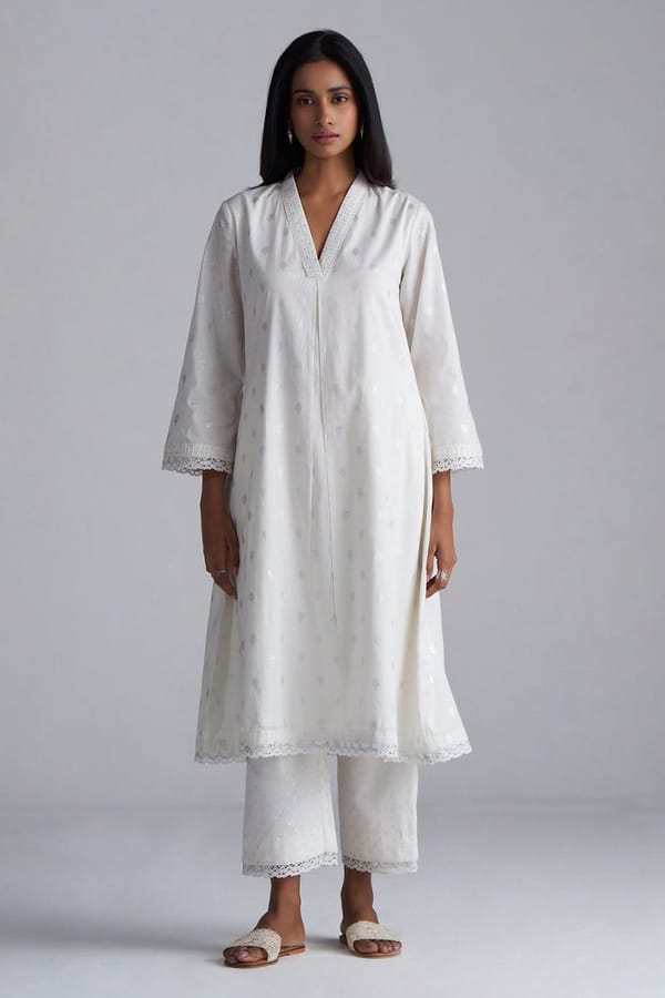 Off White Foil Printed Kurta and Pant Co-ord Set — Ganga Fashions Pvt Ltd