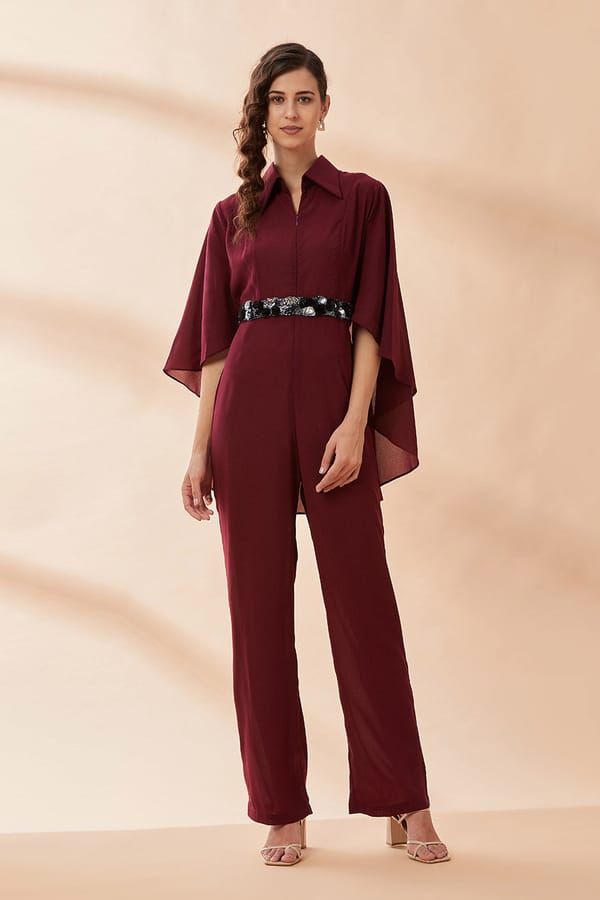 Wine Cape Jumpsuit with Embellished Belt — Aakaar