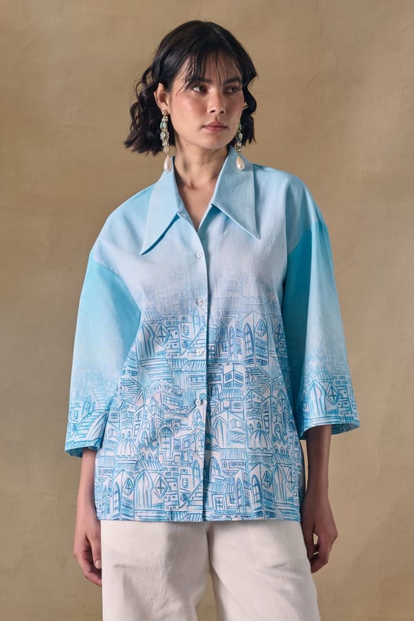 Blue Landscape Printed Relaxed Fit Kimono Shirt — Pocketful Of Cherrie