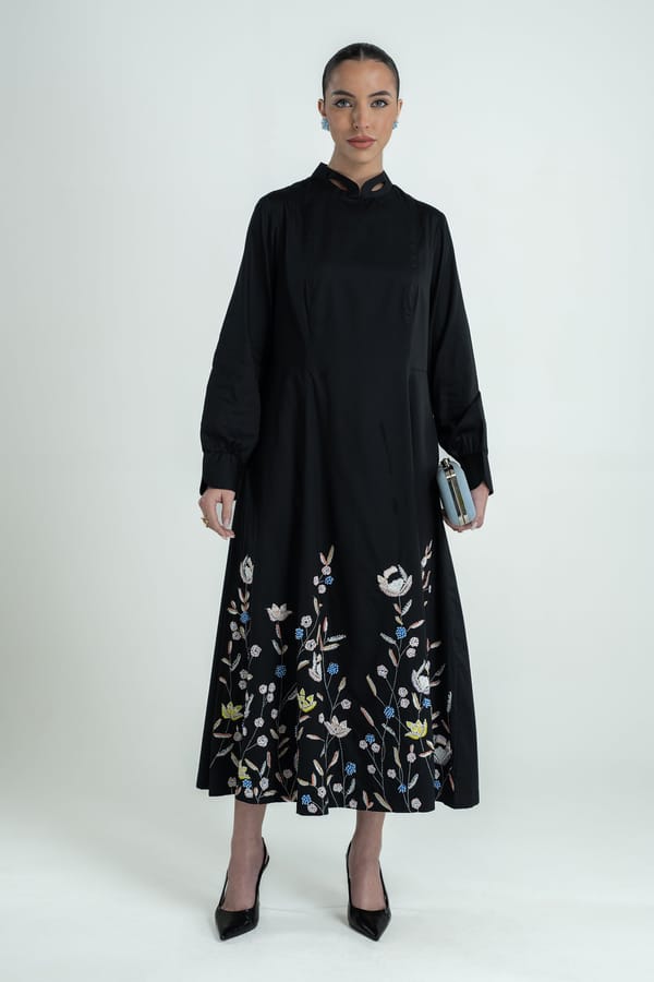 Black Cotton Satin A-Line Maxi Dress with Embroidered Hem — Our Love