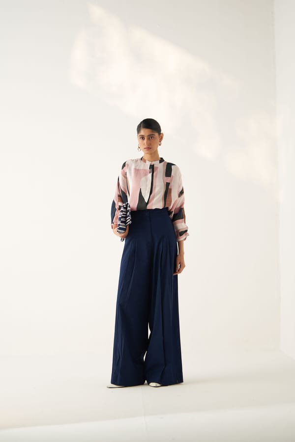 Navy High-Rise Wide-Leg Pleated Trousers — Ofrida