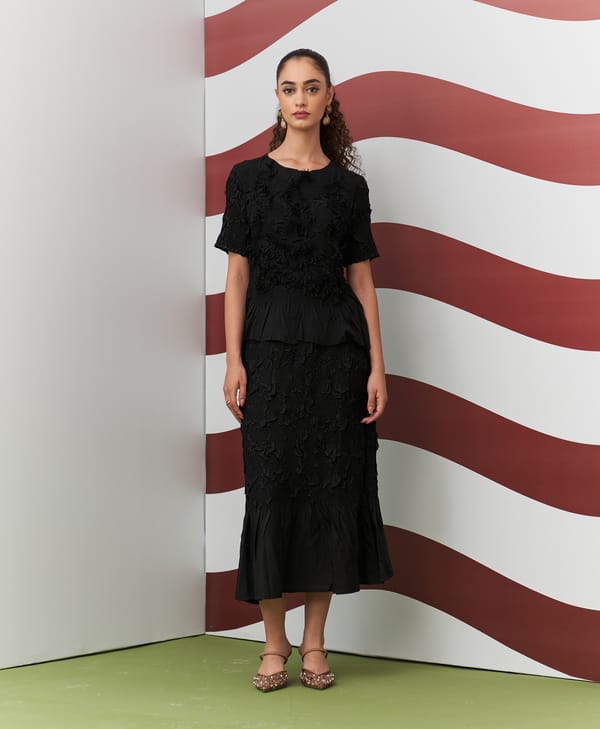 Black Textured Top and Midi Skirt Co-ord Set — Pleats by Aruni