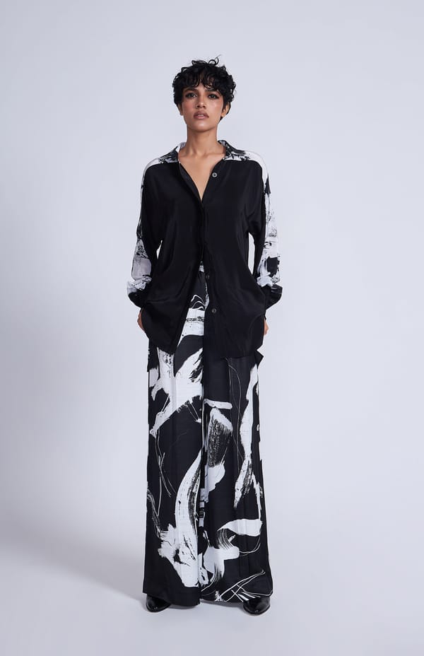 Black and White Abstract Print Wide-Leg Satin Trousers — ADVAIT