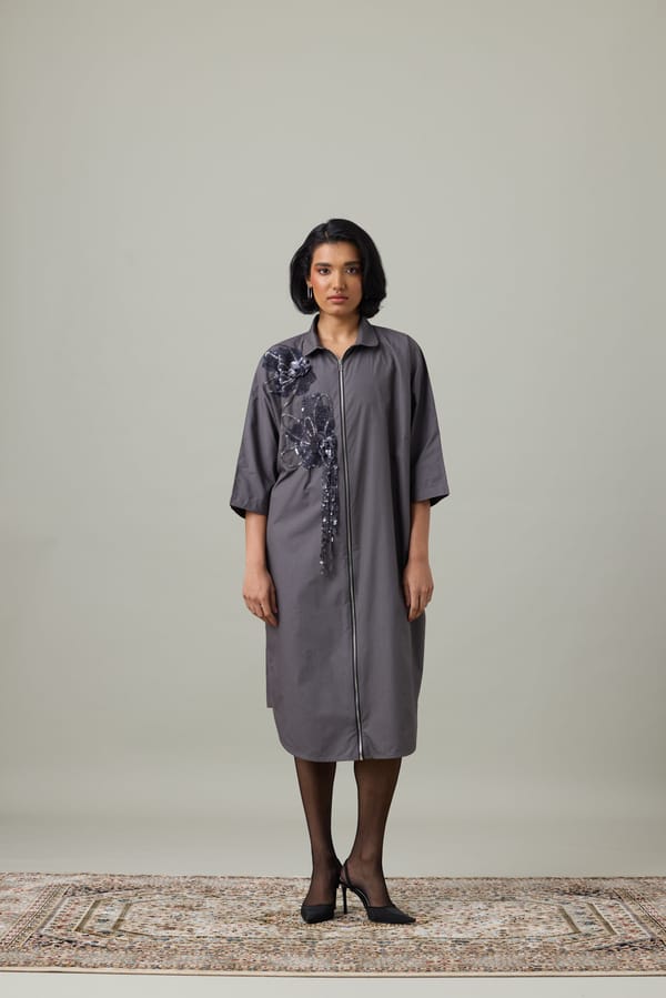 Granite Grey Zip-Front Midi Shirt Dress with Applique Patch — 63East