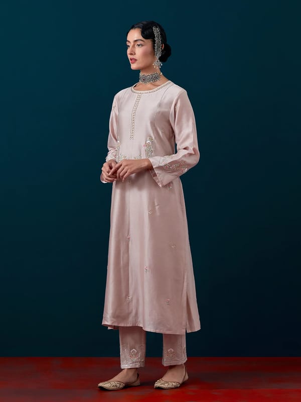 Old Rose Silk Chanderi Embroidered Kurta Set — Anantaa