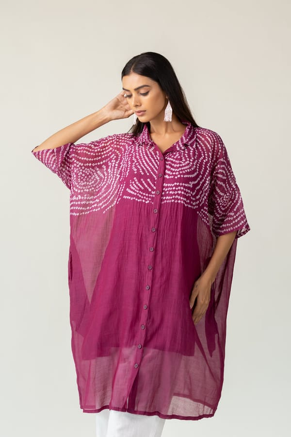 Purple Bandhani Chanderi Button-Down Tunic with Slip — Silai studio