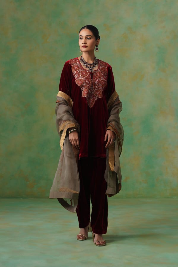 Red Velvet Embroidered Yoke Suit Set — NEETIKA CHOPRA
