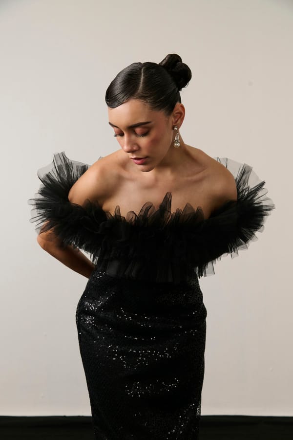 Black Sequin Off-Shoulder Ruffle Maxi Dress — Label IRIS