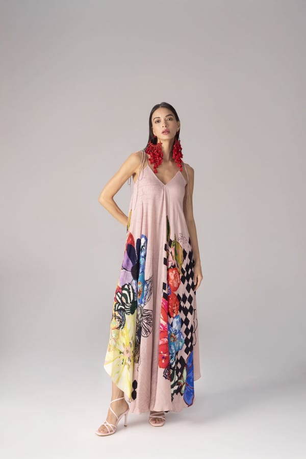 Light Pink Mixed Print Asymmetrical Crepe Maxi Dress with Belt — Saaksha and Kinni
