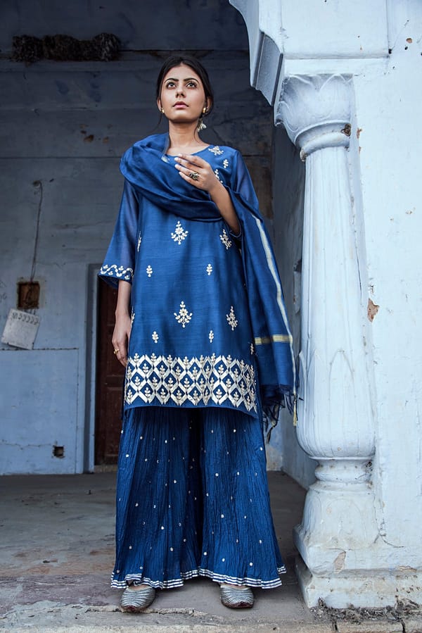 Sapphire Glory Gota Patti Chanderi Suit Set — Kameez