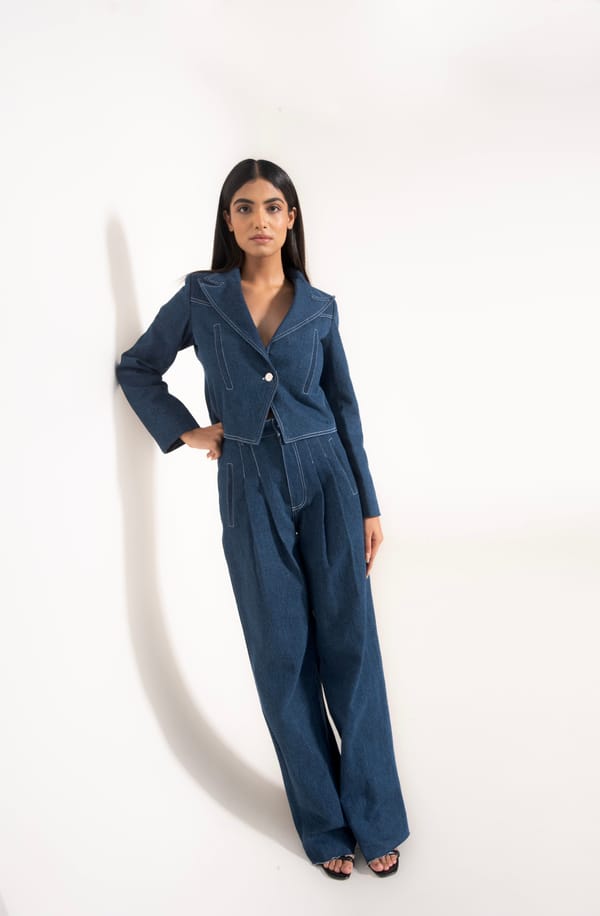 Blue High-Rise Straight-Leg Pleated Denim Trousers — MAGIA