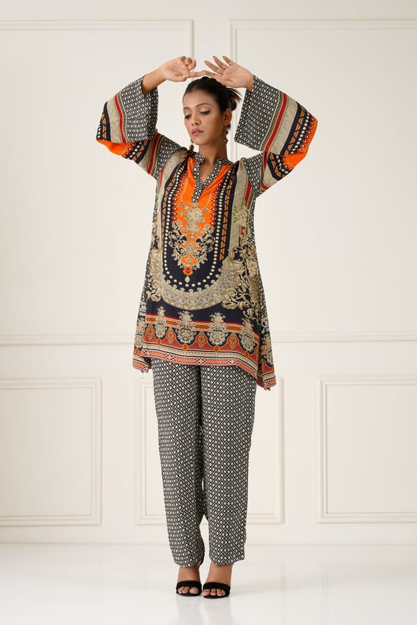 Black and Orange Printed Tunic and Pant Co-ord Set — NEETIKA CHOPRA