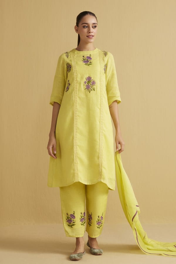 Acacia Yellow Linen Embroidered Kurta Set — YELL