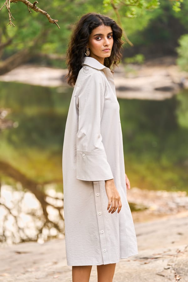 Sand Poplin Midi Shirt Dress with Side Button Detail — Dash and Dot
