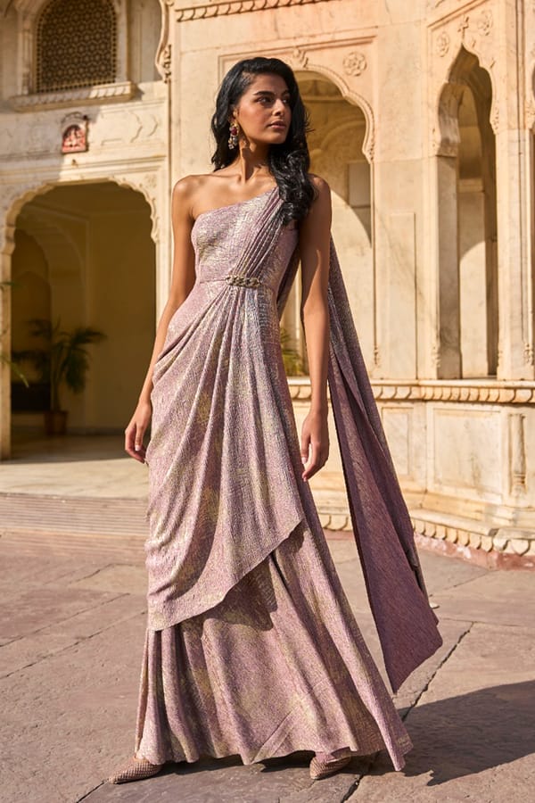 Blush/Gold One-Shoulder Sari Drape Maxi Gown — Dash and Dot