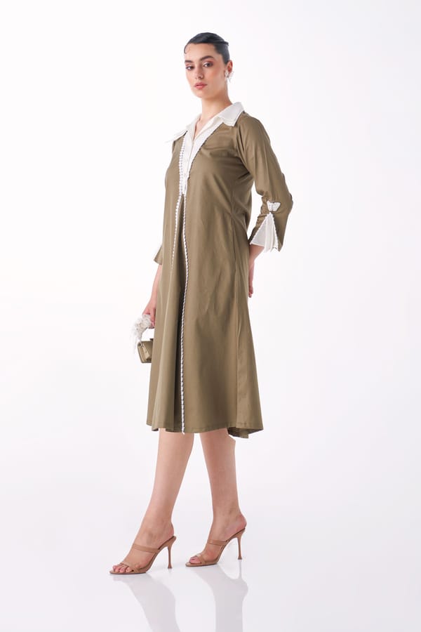 Mushroom Cotton Poplin Collared A-Line Midi Dress — Our Love
