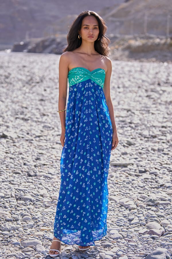 Blue Green Bandhani Off-Shoulder Maxi Dress — Dash and Dot
