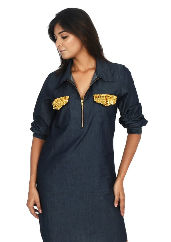 Blue Denim One Piece Dress with Pockets — Richa Goenka