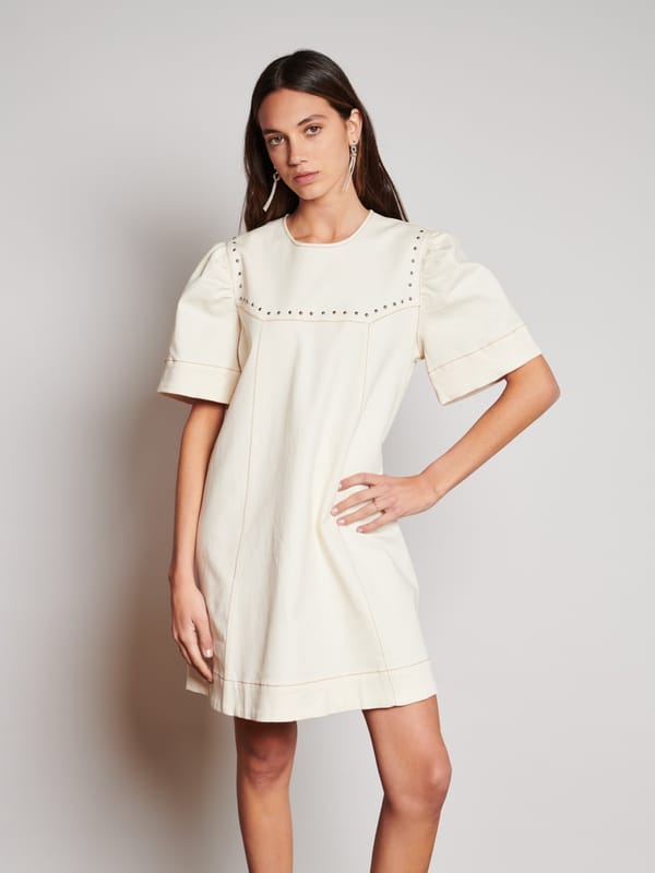 Ivory Structured Drill Mini Dress with Studded Yoke — SISTER JANE