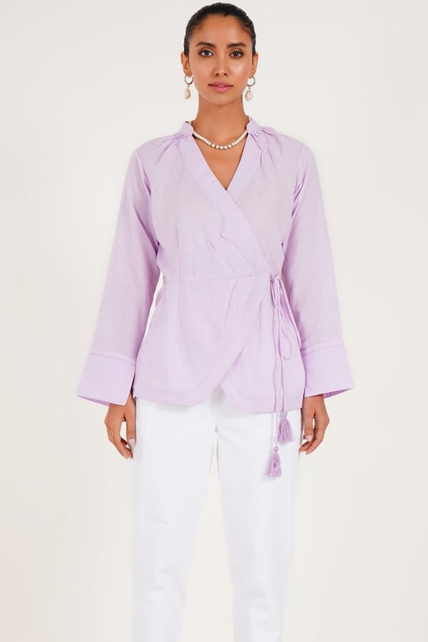 Lilac Wrap Pleated Top with Side Tassel Tie — WESTERNERA