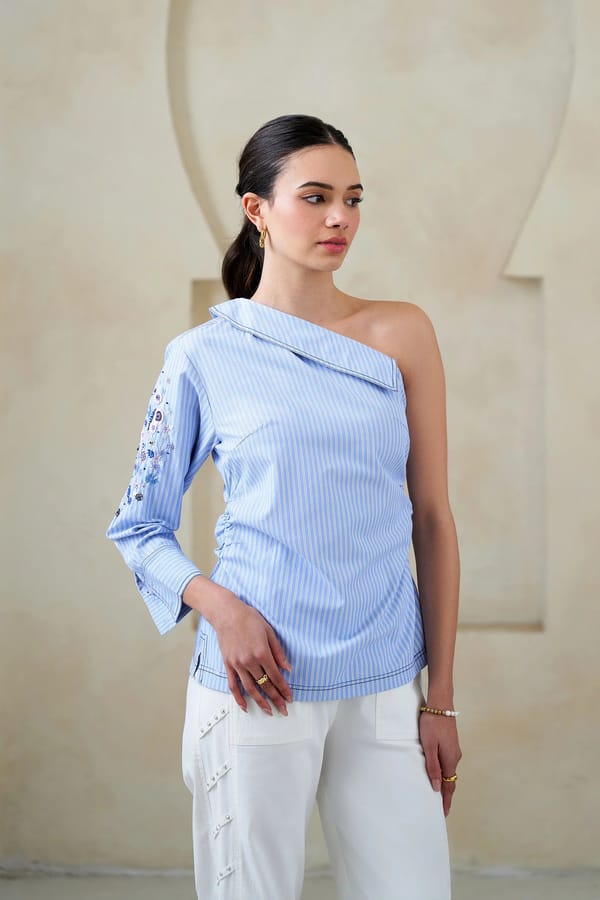 Blue One-Shoulder Striped Cotton Top with Sequin Sleeve — STITCH STORIES