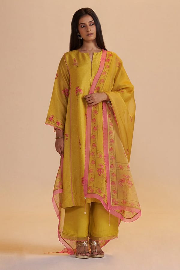 Haldi Yellow A-Line Printed Silk Kurta Set With Dupatta — Ganga Fashions Pvt Ltd